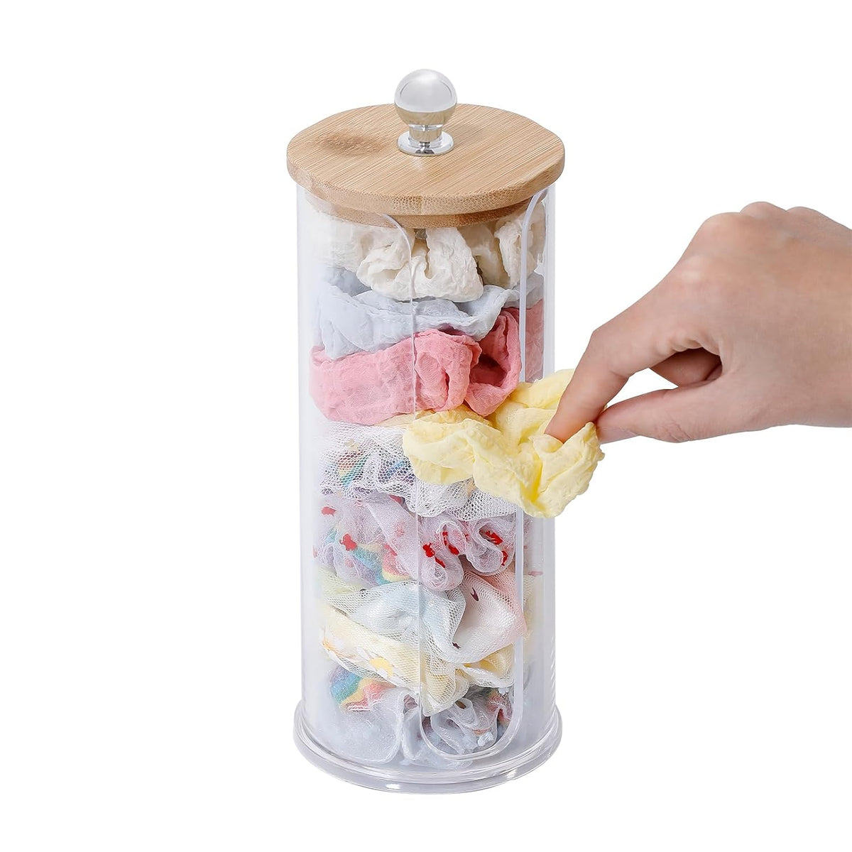 Plastic Scrunchie Holder with Wooden Lid and U-Slot Design